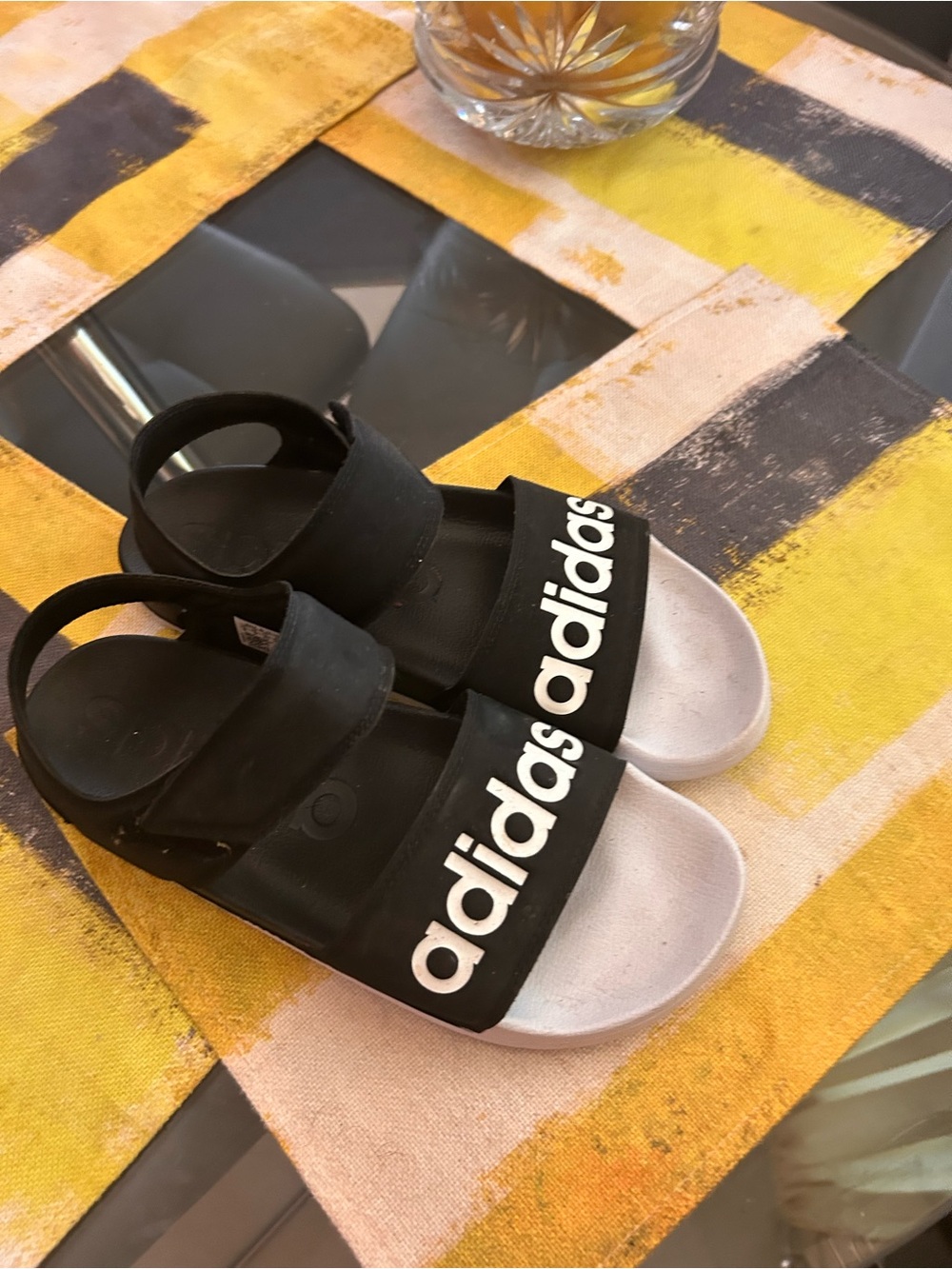 adidas Black and White Slide Sandals with Logo Strap